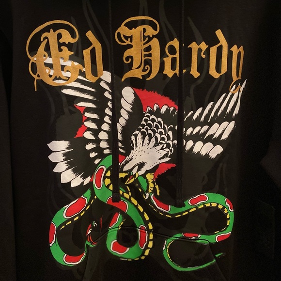 Ed Hardy Hoodie Mens Extra Large Eagle Snake Skull Flame Y2K Punk Black NWT - Picture 7 of 10